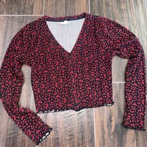 Topshop Red Floral Ribbed Lettuce Edge Cropped Button Front Long Sl Cardigan ❤️🖤